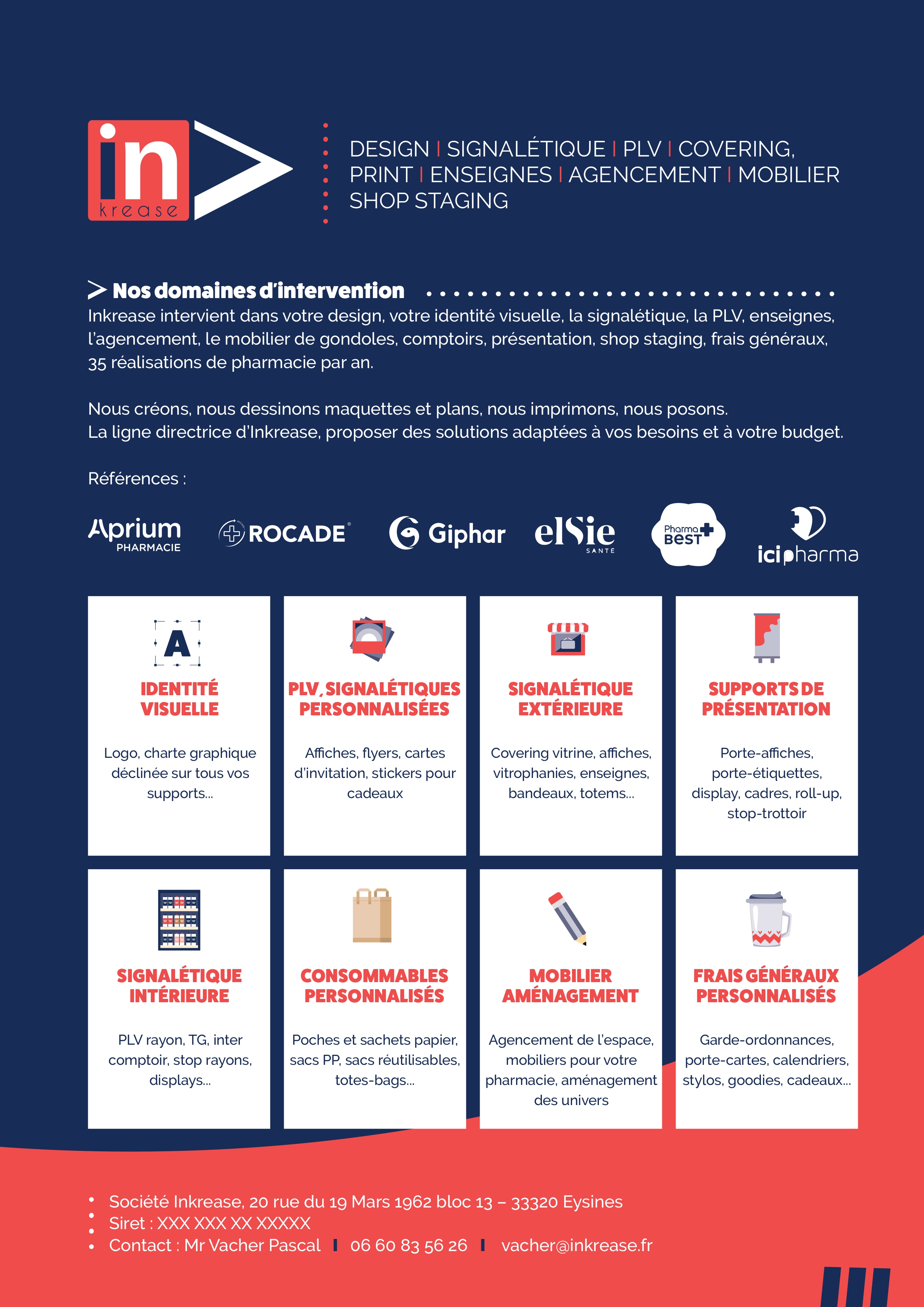 Plaquette commerciale Inkrease — Design, signalétique, PLV, covering, print, enseignes, agencement, mobilier, shop staging.